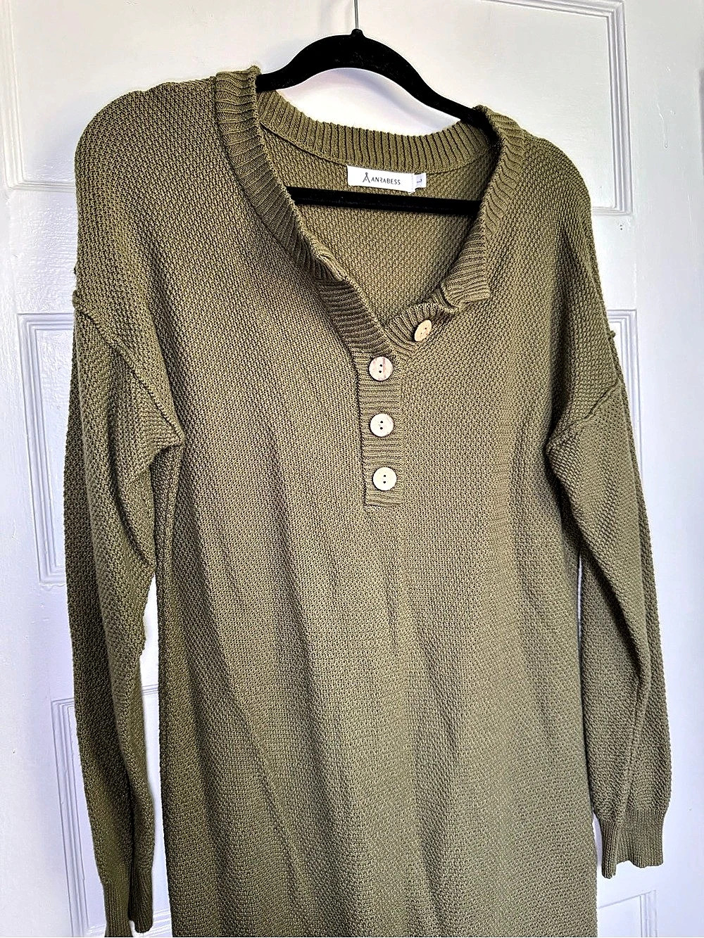 Anrabess Waffle Knit Button V-Neck Sweater Midi Dress Earthy Boho Olive Green La - Picture 5 of 11